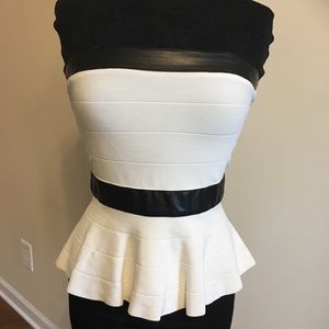 bebe White peplum tube with Black leather detail